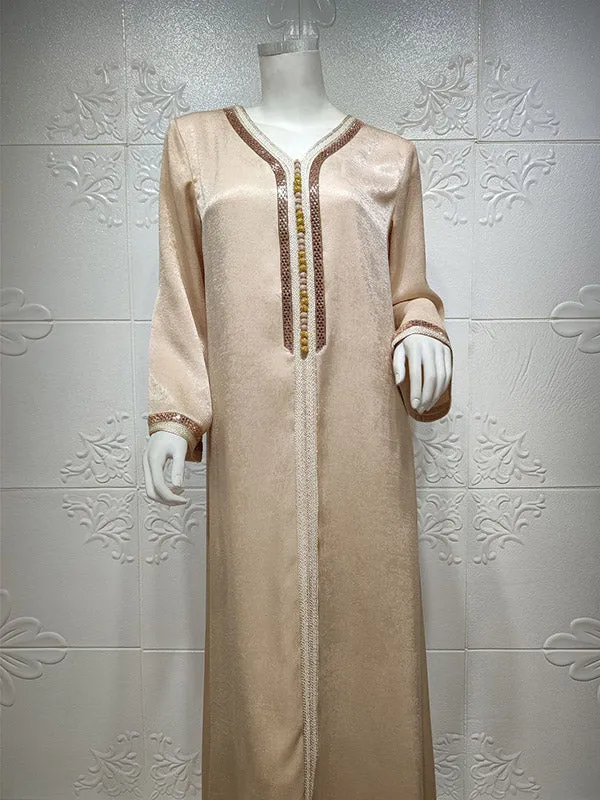 Long Sleeves Loose Muslim Rhine Stones V-Neck Maxi Dresses Robes