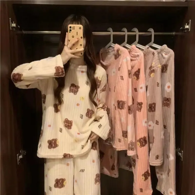LVSANW Autumn Winter Warm Flannel Fleecing Women Pyjamas Sets Thick Coral Velvet Long Sleeve Cartoon Sleepwear Thin Flannel Pajamas Set