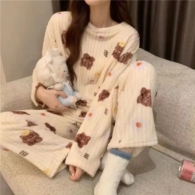 LVSANW Autumn Winter Warm Flannel Fleecing Women Pyjamas Sets Thick Coral Velvet Long Sleeve Cartoon Sleepwear Thin Flannel Pajamas Set