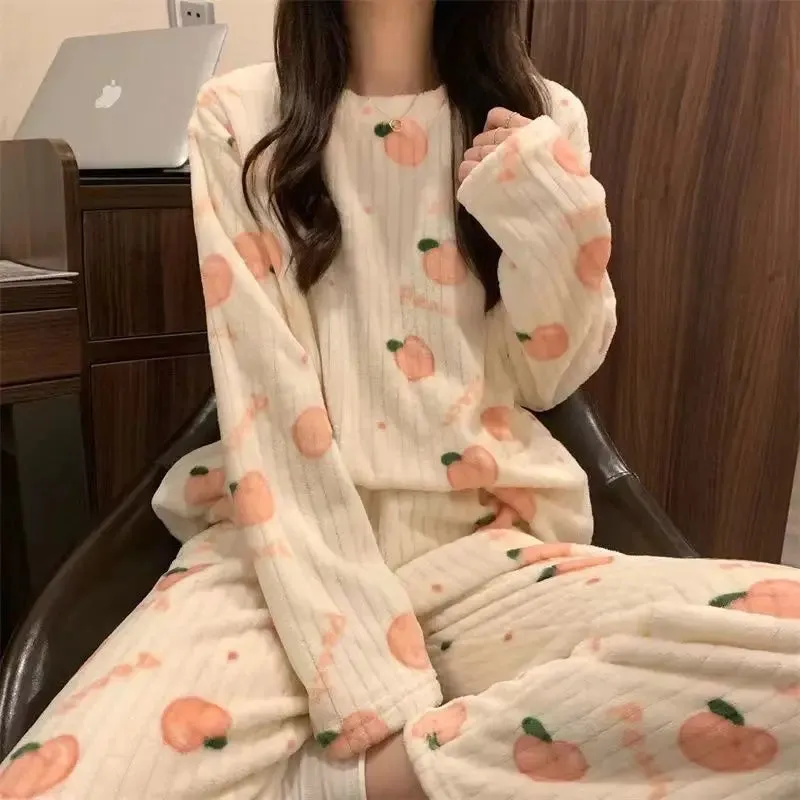 LVSANW Autumn Winter Warm Flannel Fleecing Women Pyjamas Sets Thick Coral Velvet Long Sleeve Cartoon Sleepwear Thin Flannel Pajamas Set