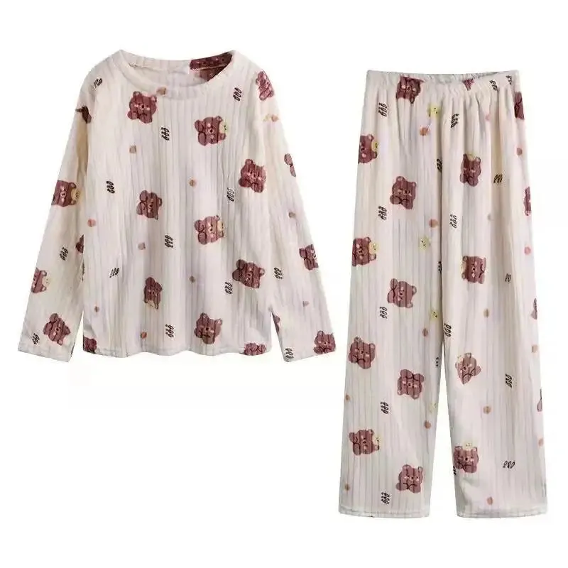LVSANW Autumn Winter Warm Flannel Fleecing Women Pyjamas Sets Thick Coral Velvet Long Sleeve Cartoon Sleepwear Thin Flannel Pajamas Set