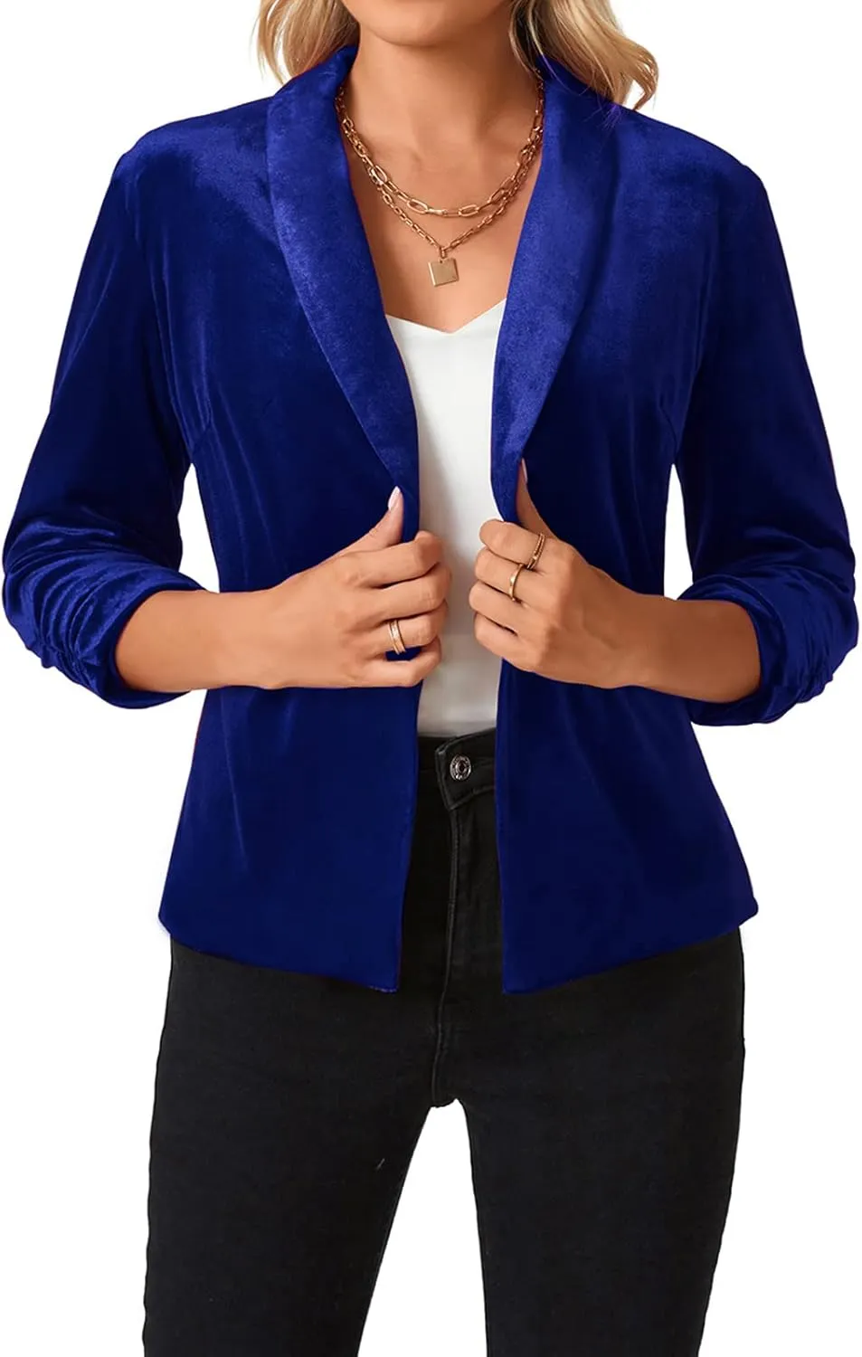 MINTLIMIT Women's Velvet Blazer 3/4 Ruched Sleeve Open Front Blazers Casual Lightweight Shawl Lapel Jackets