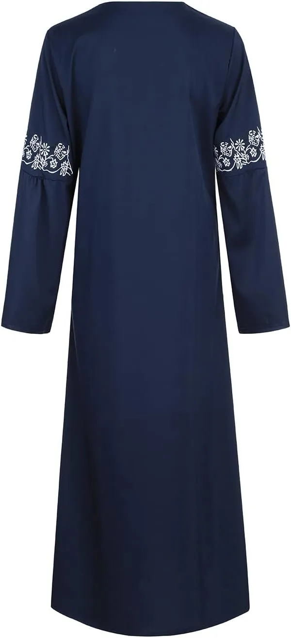 Muslim Abaya Dresses for Women V Neck Kaftan Islamic Prayer Robe Embroidered Floor Dress Eid Thobe Evening Dresses