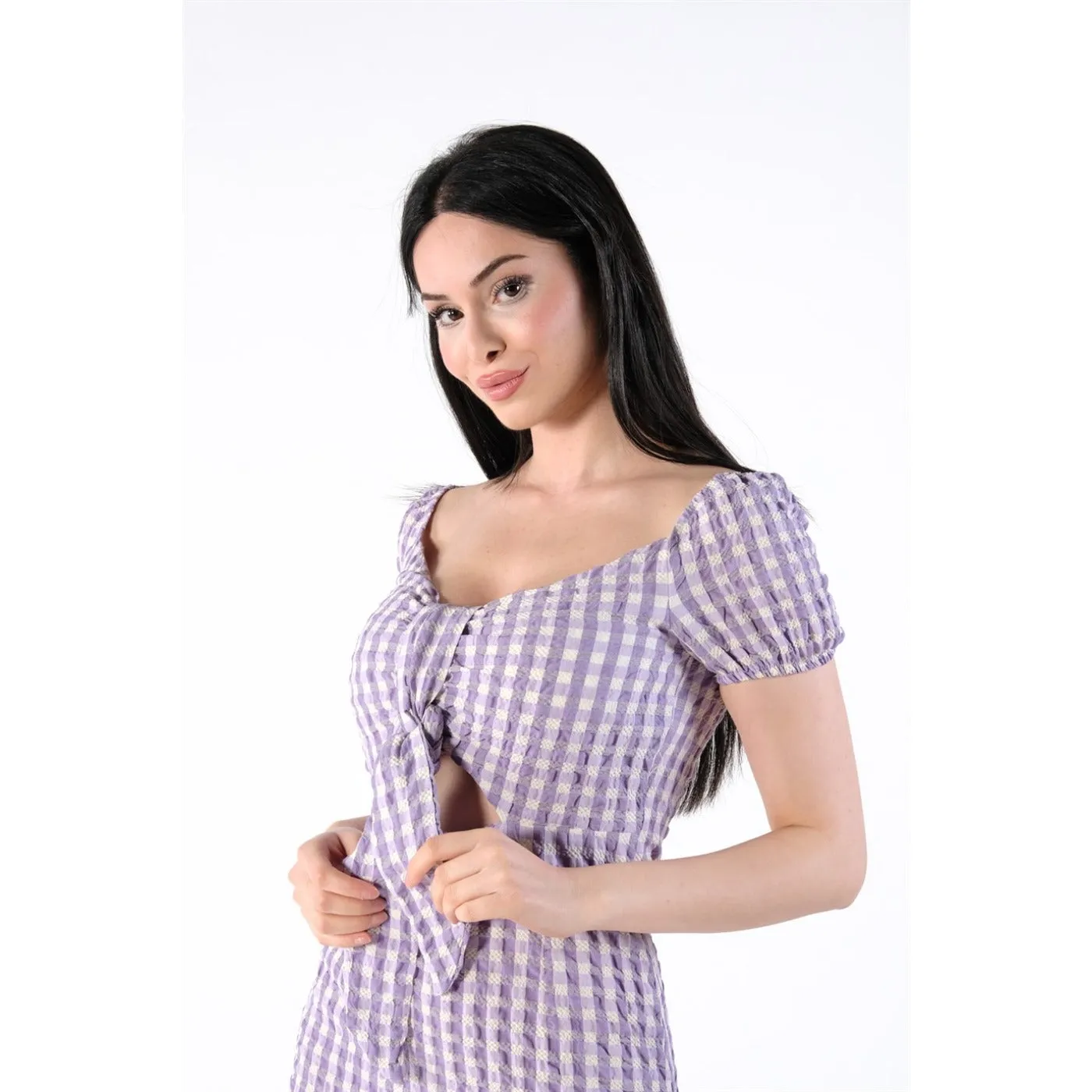 Neck Belted Plaid Lilac Dress