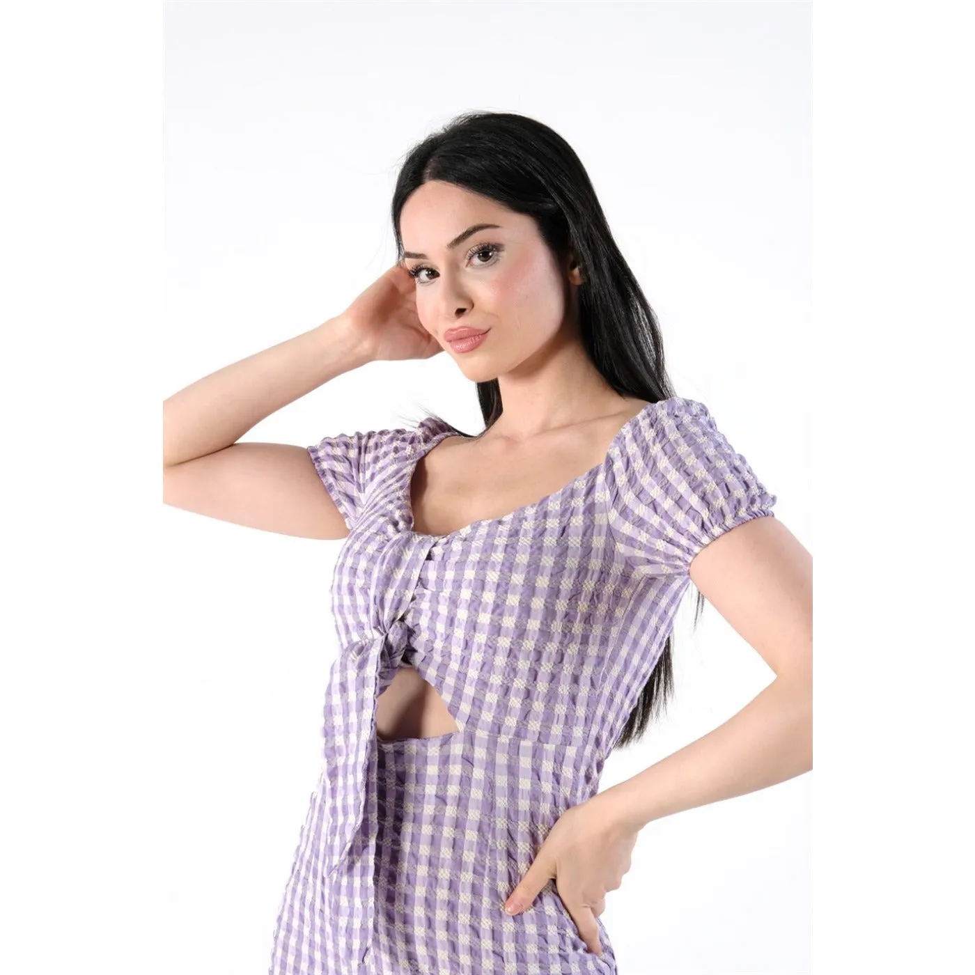 Neck Belted Plaid Lilac Dress
