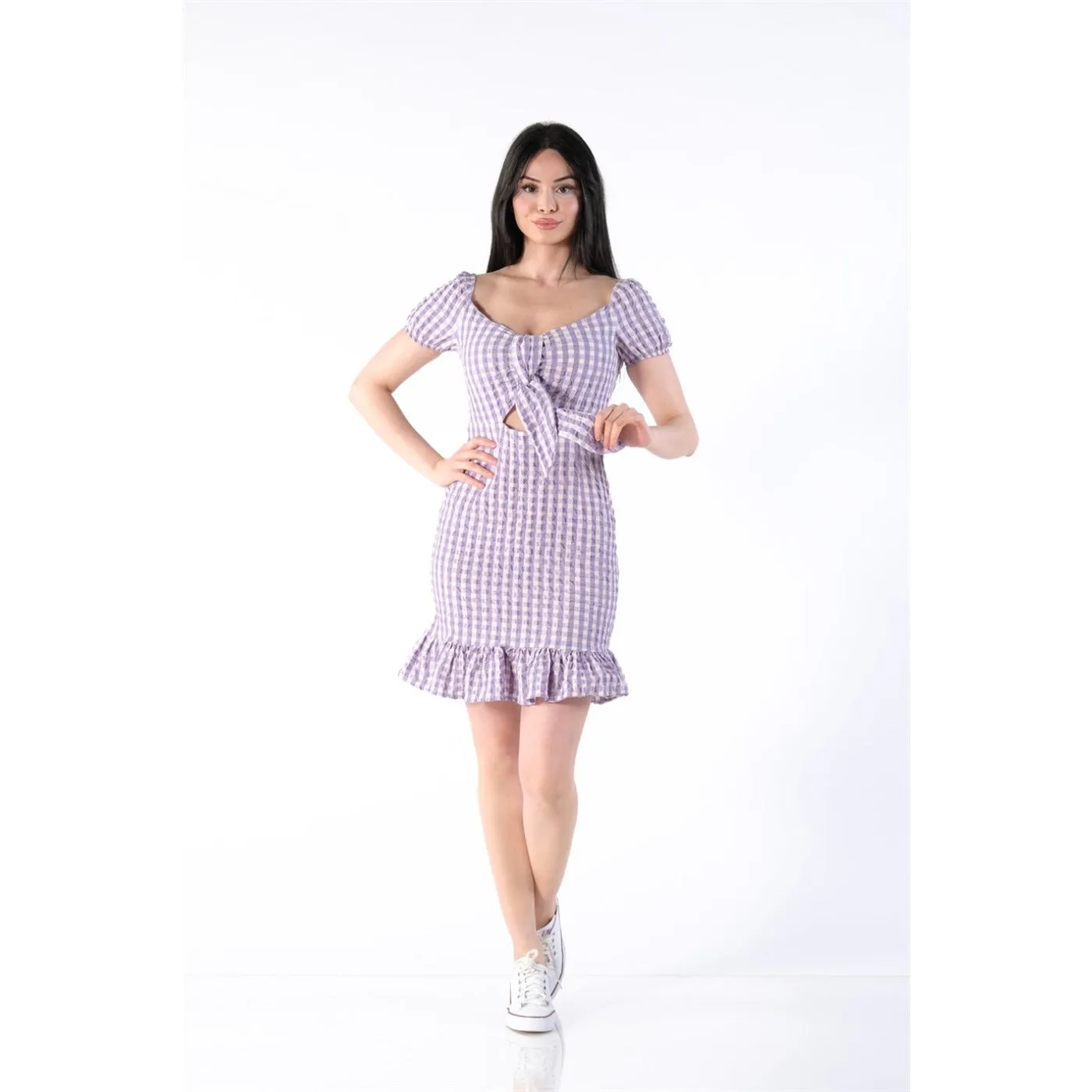 Neck Belted Plaid Lilac Dress