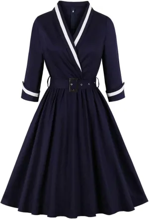 Nihsatin Vintage 1950s Retro Rockabilly Swing Dress Polka Dots Cocktail Dress with Belt