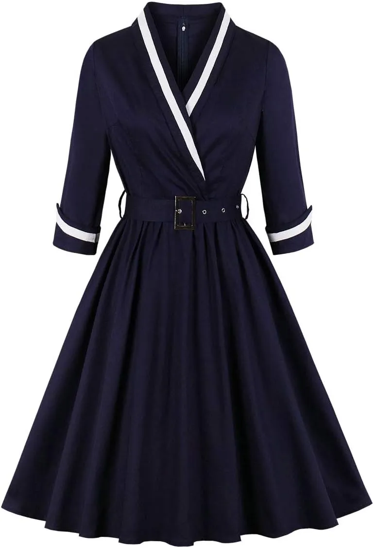 Nihsatin Vintage 1950s Retro Rockabilly Swing Dress Polka Dots Cocktail Dress with Belt