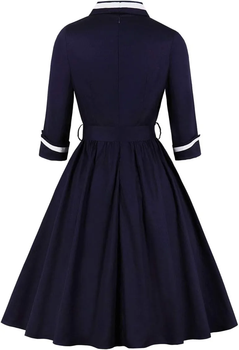Nihsatin Vintage 1950s Retro Rockabilly Swing Dress Polka Dots Cocktail Dress with Belt