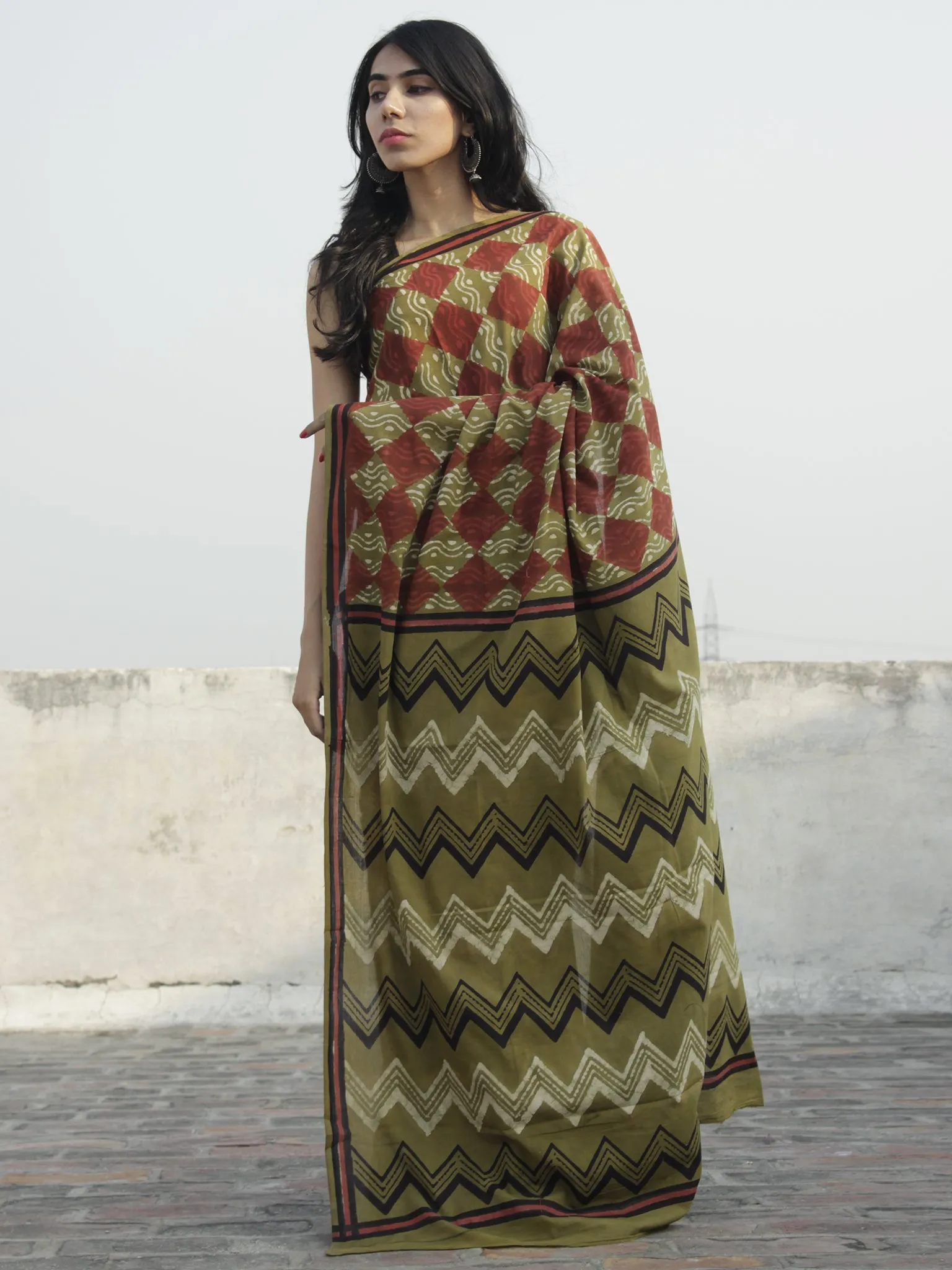 Olive Green Dark Rust Hand Block Printed Cotton Saree In Natural Colors - S031702305