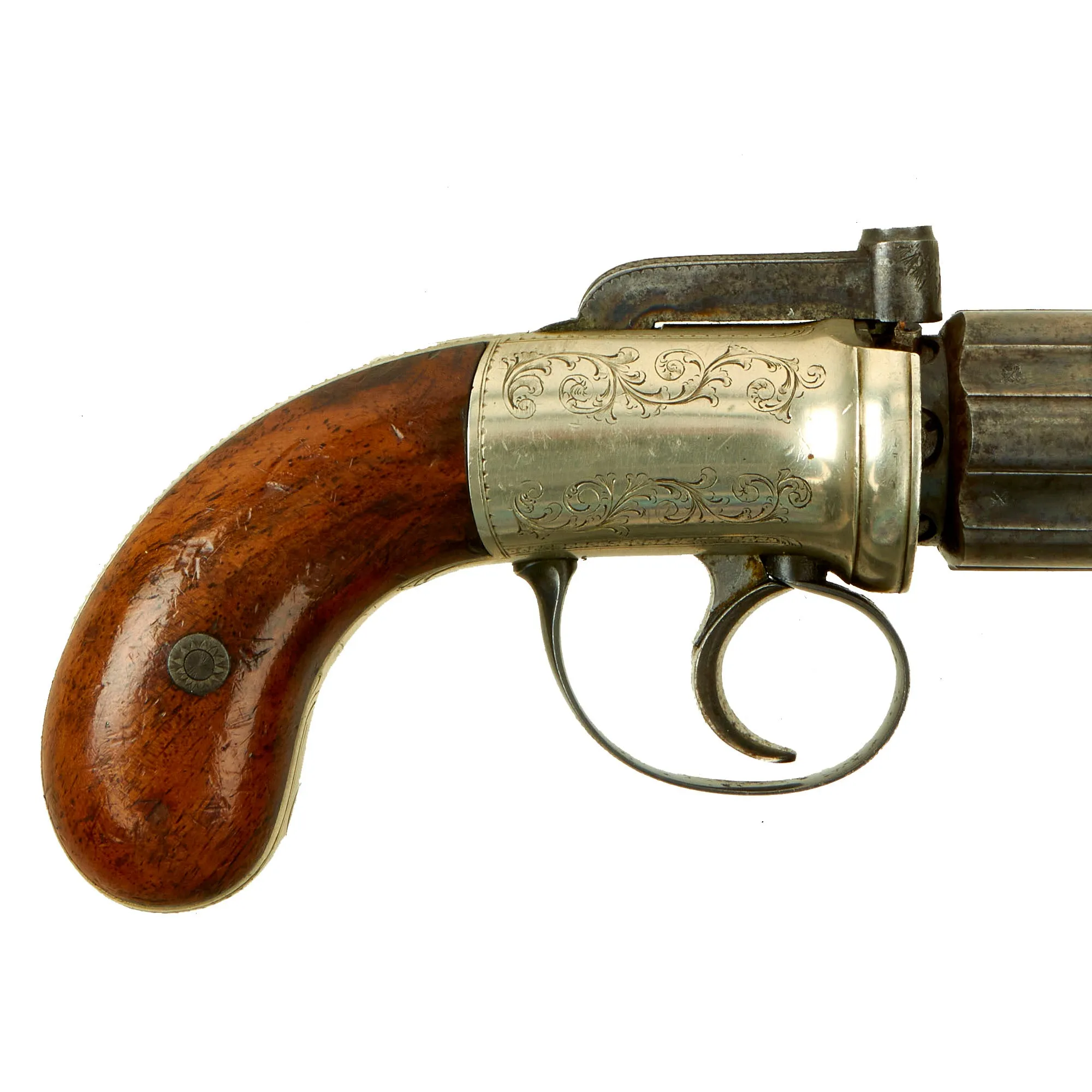 Original British Victorian Nickel Silver Framed Pepperbox Percussion Revolver with Birmingham Proofs - circa 1855