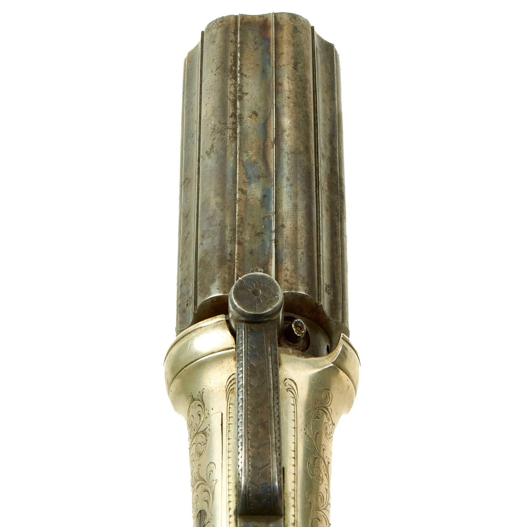Original British Victorian Nickel Silver Framed Pepperbox Percussion Revolver with Birmingham Proofs - circa 1855