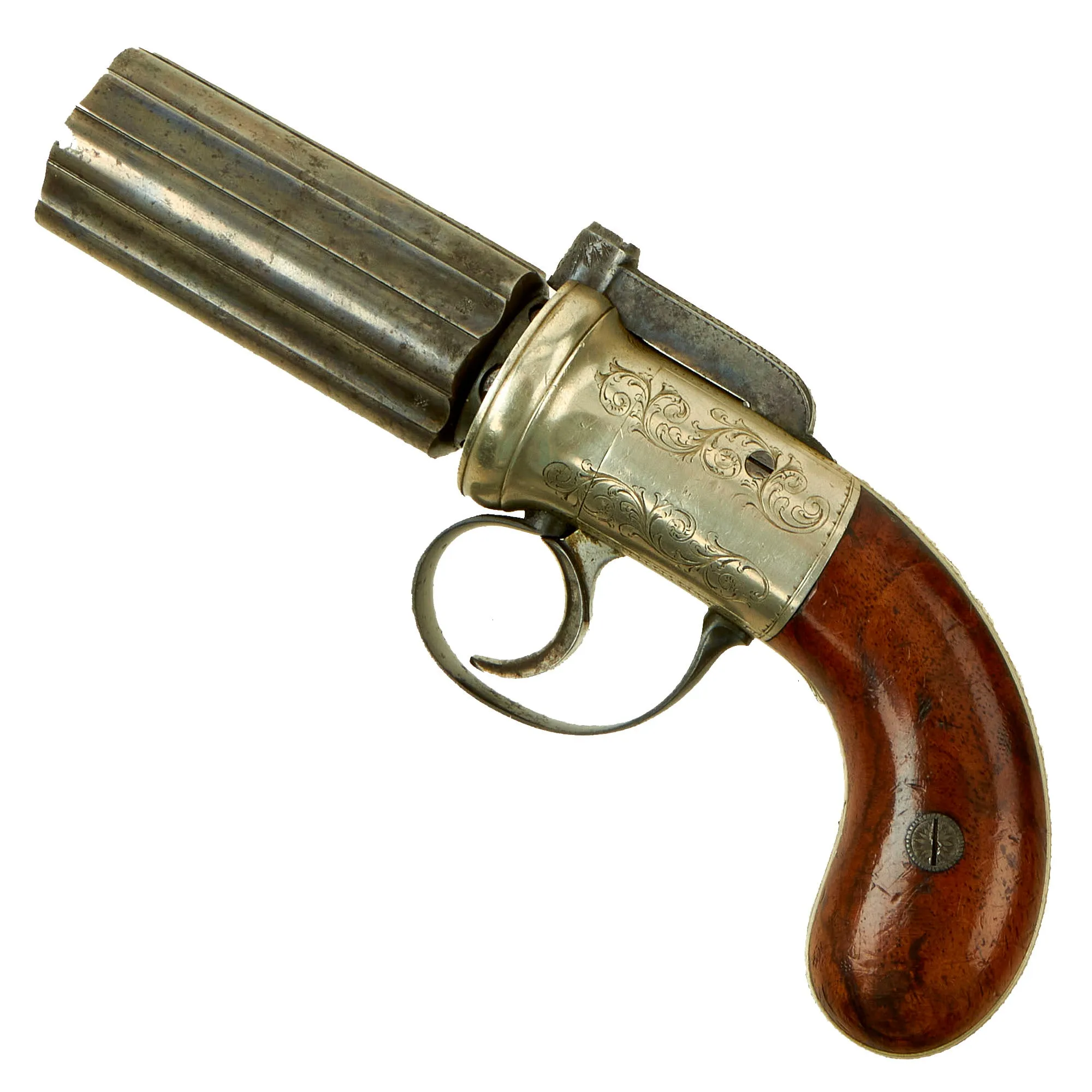Original British Victorian Nickel Silver Framed Pepperbox Percussion Revolver with Birmingham Proofs - circa 1855