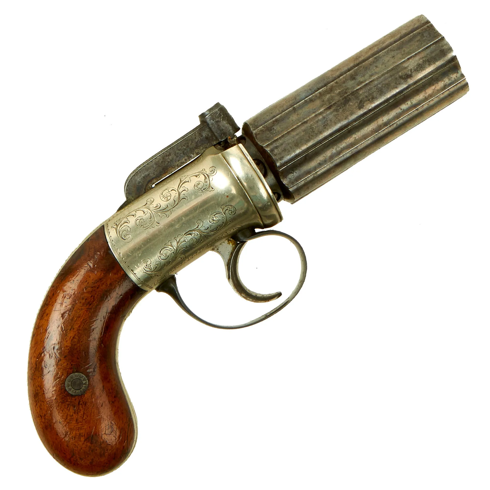 Original British Victorian Nickel Silver Framed Pepperbox Percussion Revolver with Birmingham Proofs - circa 1855