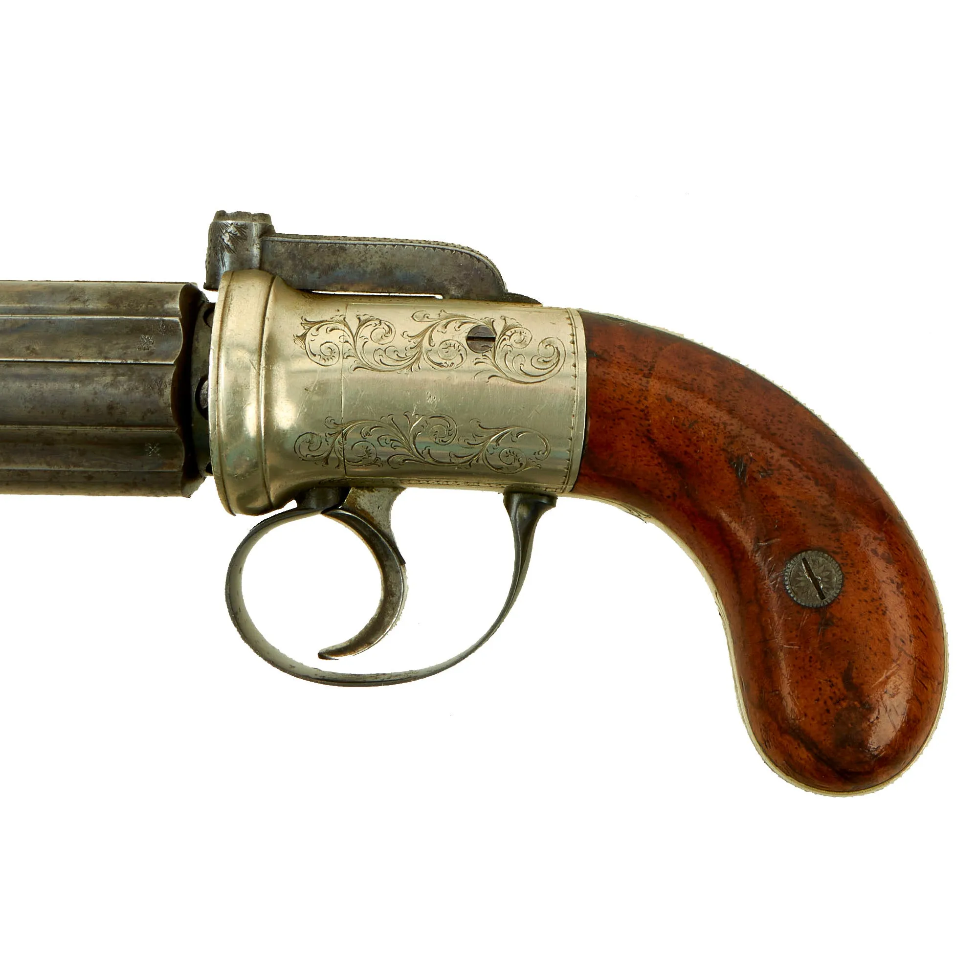 Original British Victorian Nickel Silver Framed Pepperbox Percussion Revolver with Birmingham Proofs - circa 1855