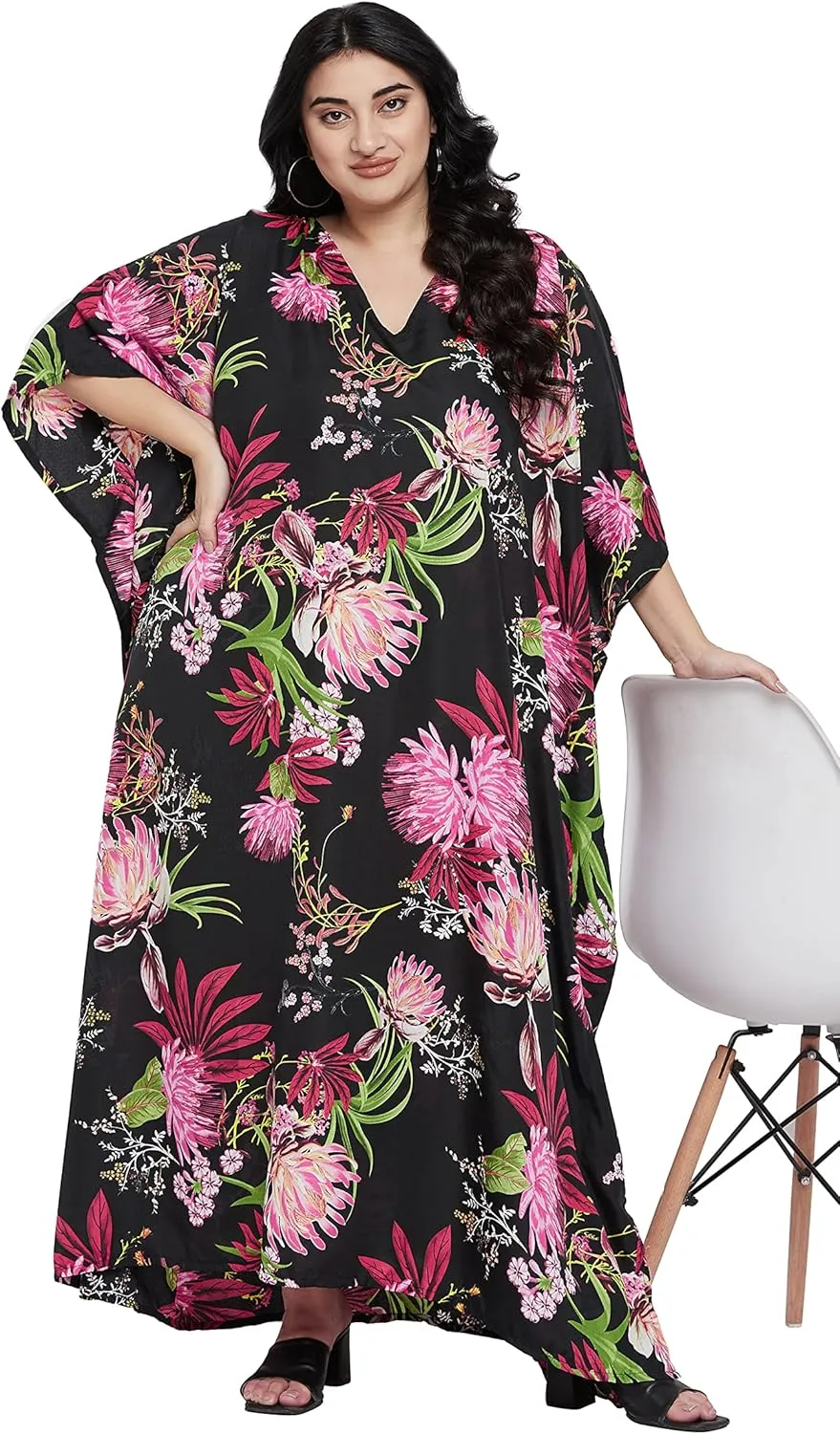 Oussum Women Polyester Casual Kaftan Long Plus Size Summer Beach Caftan Cover Ups Maxi Dresse for Ladies