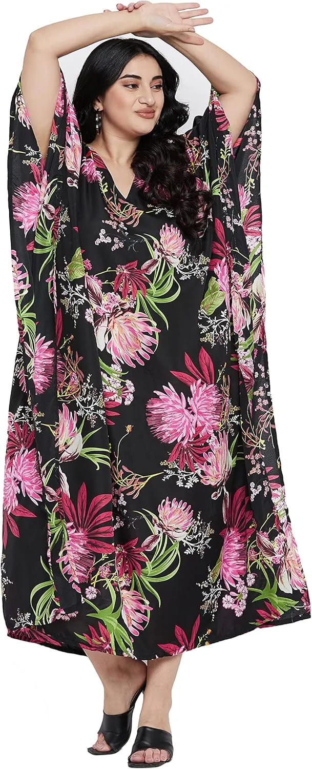 Oussum Women Polyester Casual Kaftan Long Plus Size Summer Beach Caftan Cover Ups Maxi Dresse for Ladies