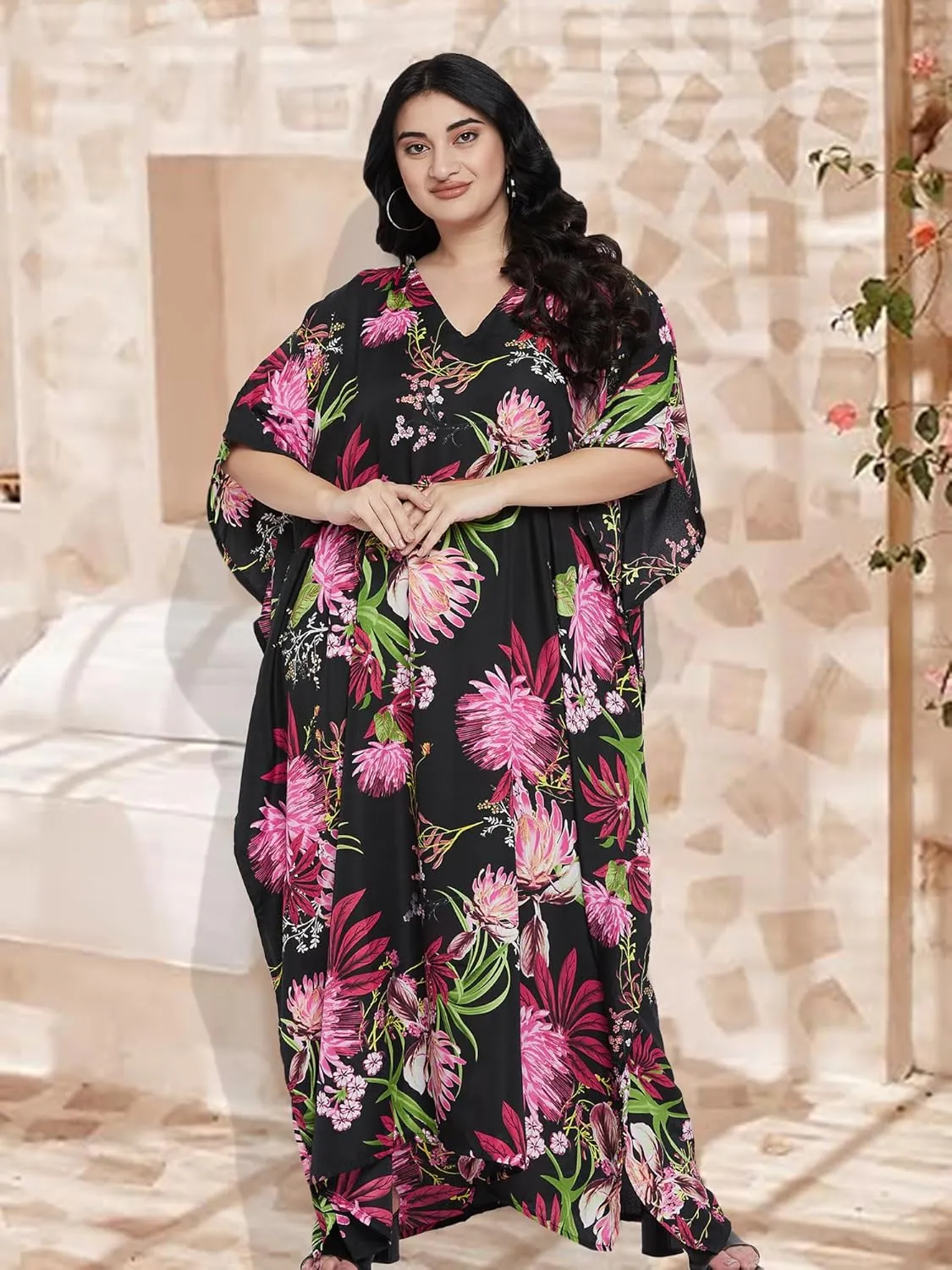Oussum Women Polyester Casual Kaftan Long Plus Size Summer Beach Caftan Cover Ups Maxi Dresse for Ladies
