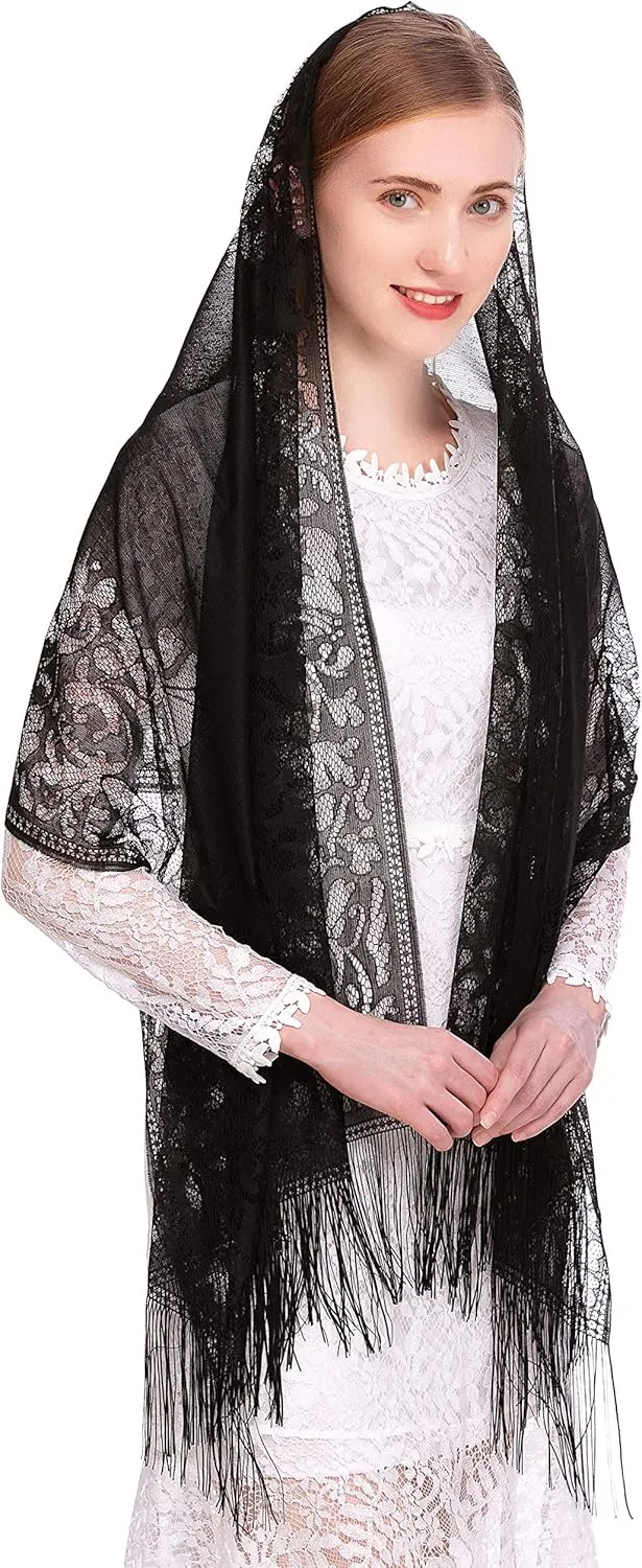 PAMOR Chapel Veil Scarf Mantilla Veils Rectangular Wrap Shawl Mass Head Covering with Fringe Trim