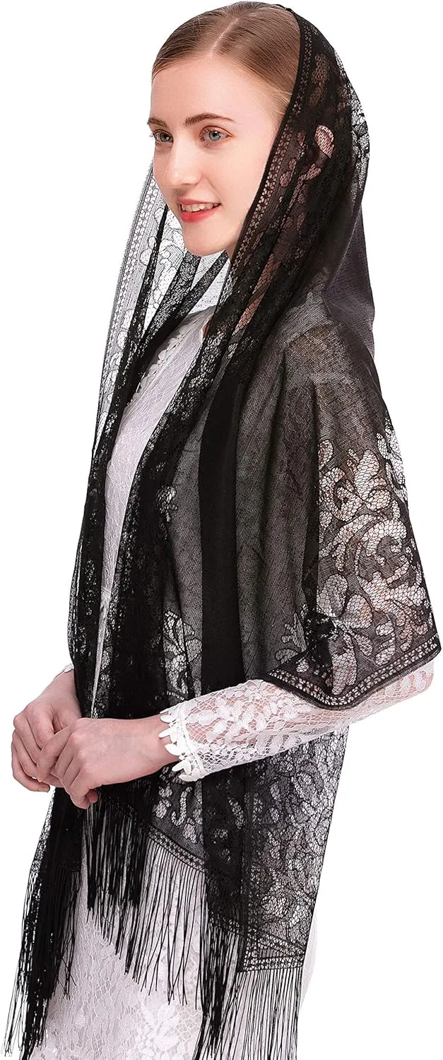 PAMOR Chapel Veil Scarf Mantilla Veils Rectangular Wrap Shawl Mass Head Covering with Fringe Trim