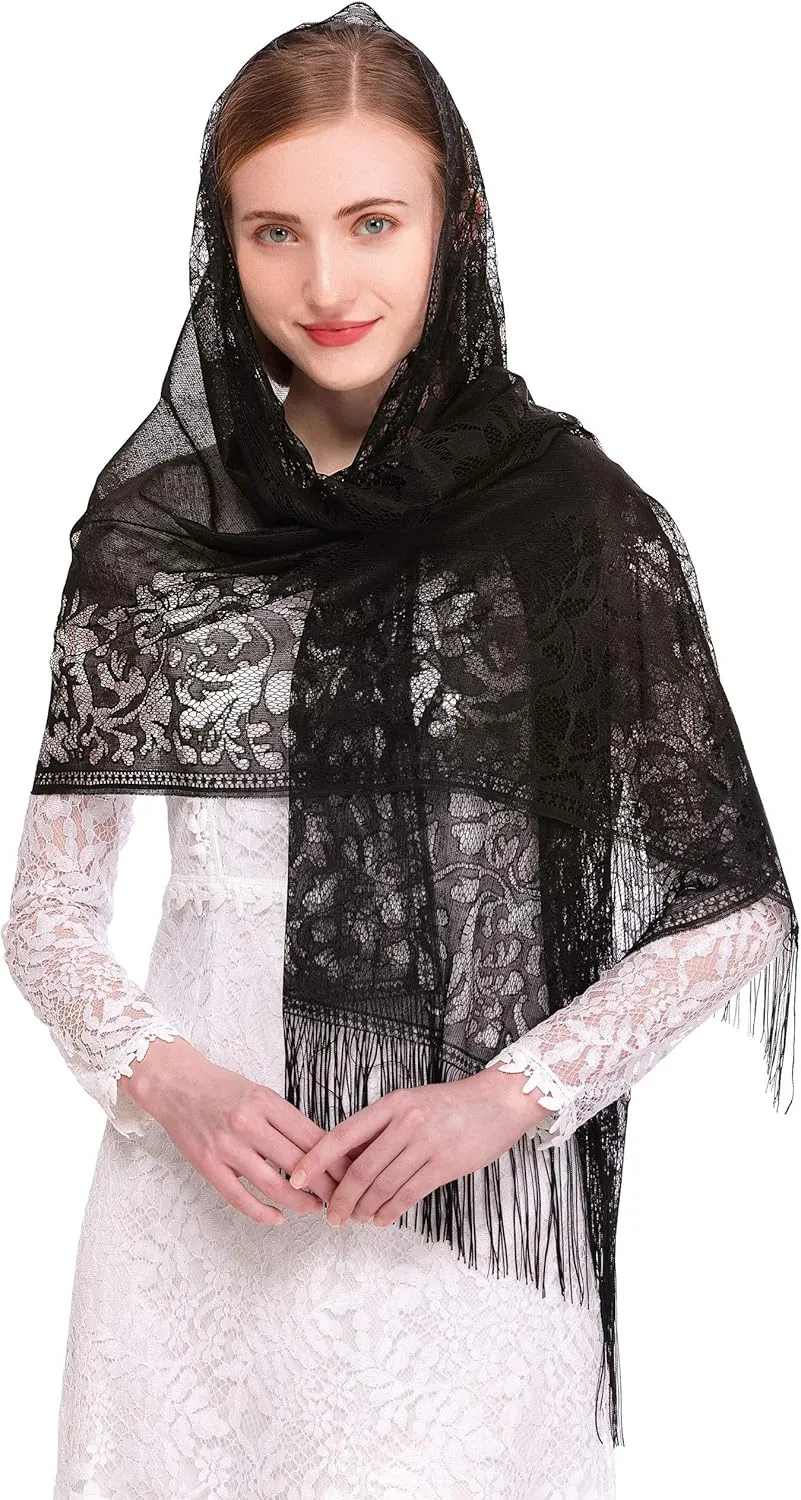 PAMOR Chapel Veil Scarf Mantilla Veils Rectangular Wrap Shawl Mass Head Covering with Fringe Trim