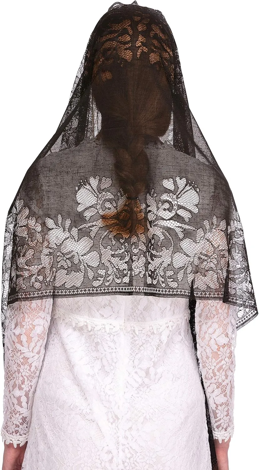 PAMOR Chapel Veil Scarf Mantilla Veils Rectangular Wrap Shawl Mass Head Covering with Fringe Trim