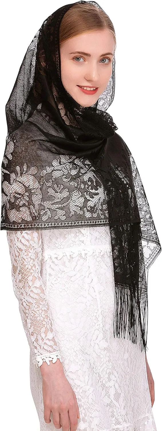 PAMOR Chapel Veil Scarf Mantilla Veils Rectangular Wrap Shawl Mass Head Covering with Fringe Trim