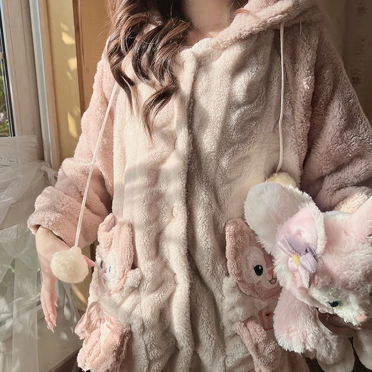 Pink Fox Purple Flower Ears Hooded Cute Nightgown Bathrobe Pajamas Pants Set