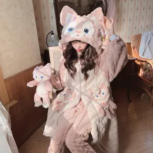 Pink Fox Purple Flower Ears Hooded Cute Nightgown Bathrobe Pajamas Pants Set