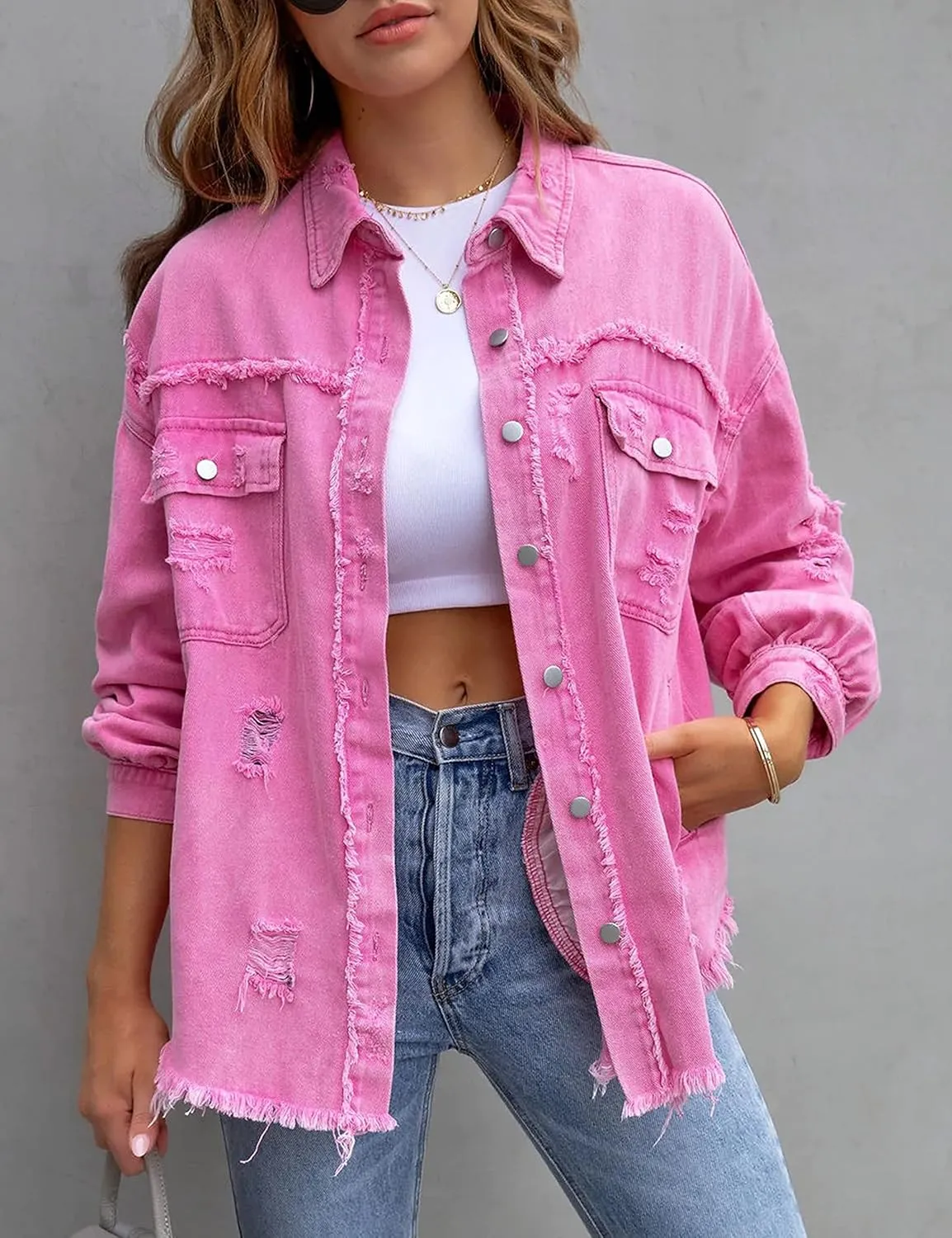 PUWEI Ripped Fringe Jean Jacket Women Distressed Washed Button Down Frayed Denim Shacket with Pocket