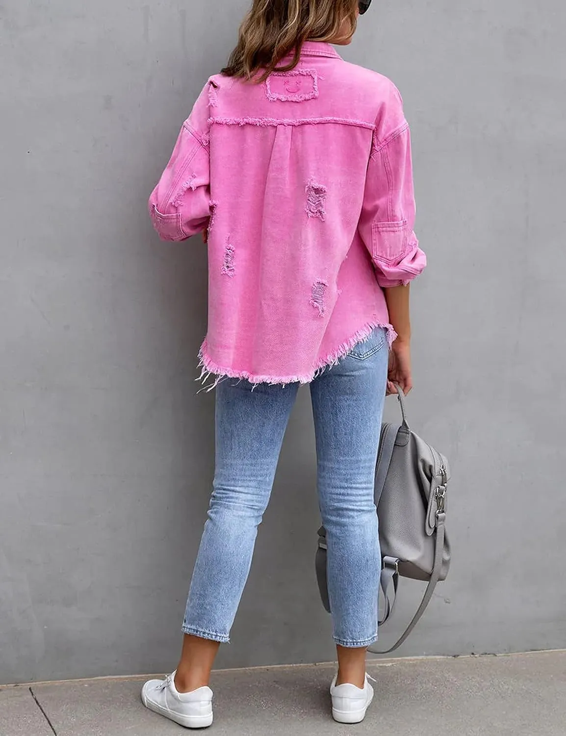 PUWEI Ripped Fringe Jean Jacket Women Distressed Washed Button Down Frayed Denim Shacket with Pocket