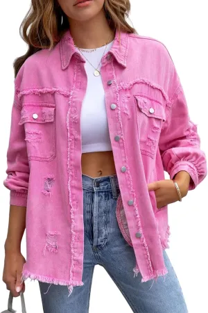 PUWEI Ripped Fringe Jean Jacket Women Distressed Washed Button Down Frayed Denim Shacket with Pocket