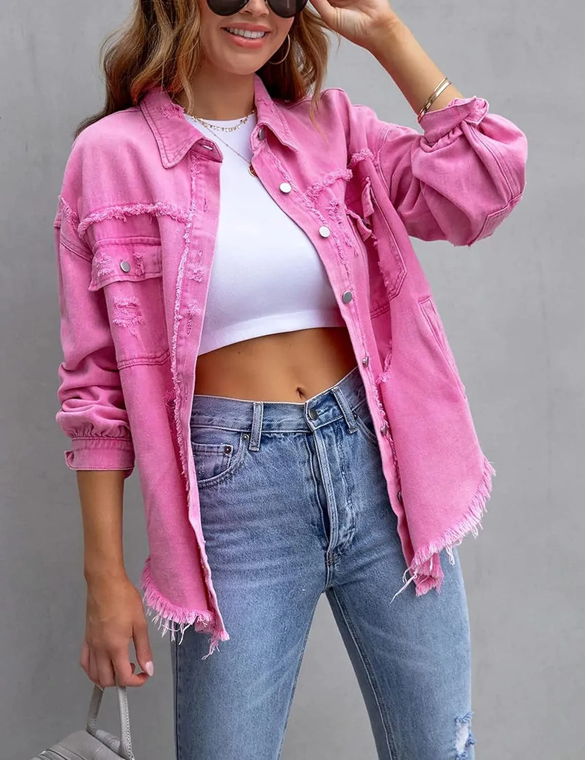 PUWEI Ripped Fringe Jean Jacket Women Distressed Washed Button Down Frayed Denim Shacket with Pocket