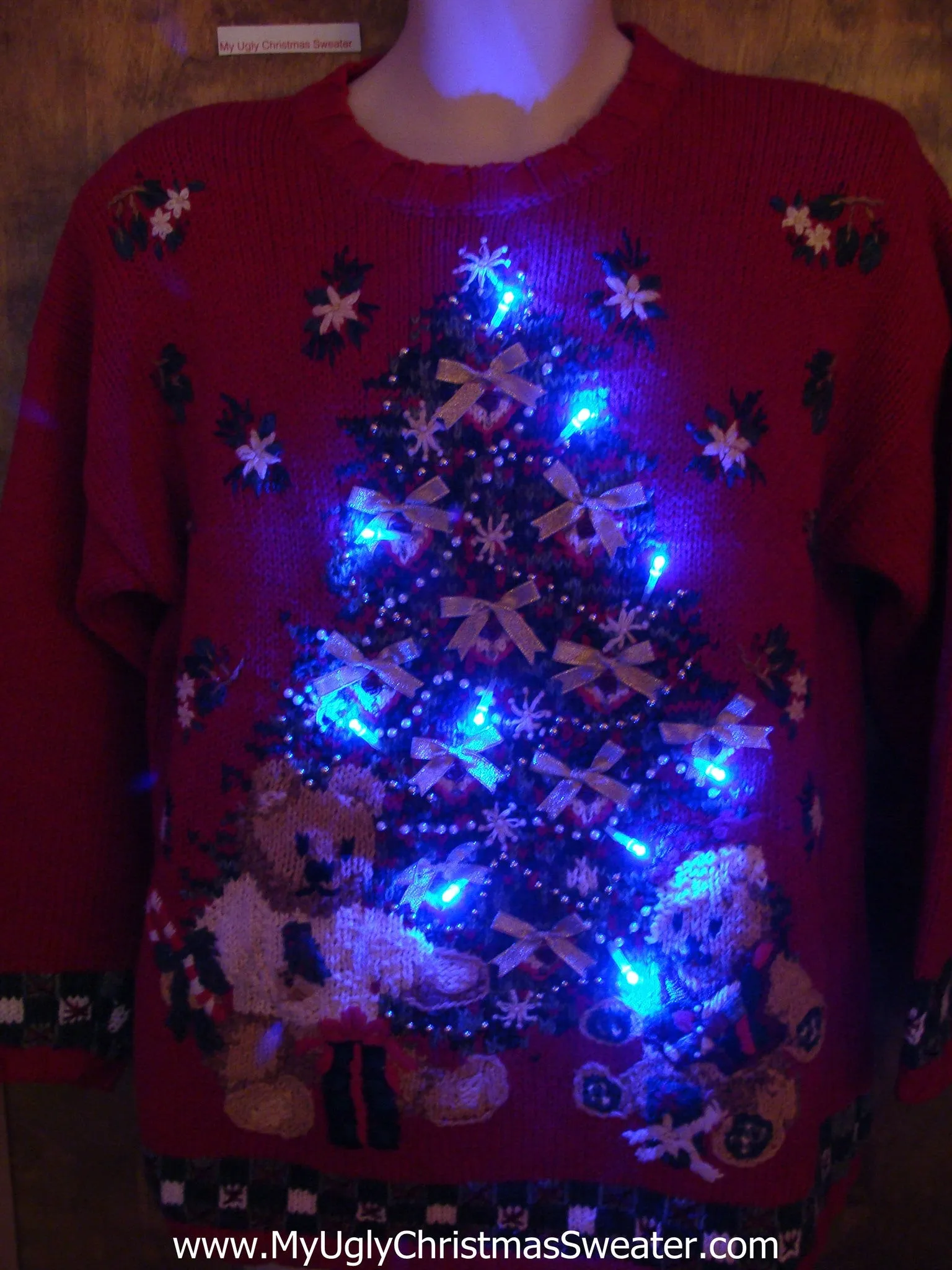 Red Ugly Christmas Sweater with Lights and Tree
