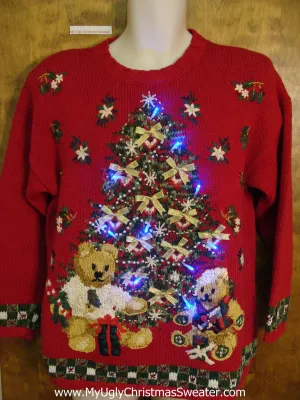 Red Ugly Christmas Sweater with Lights and Tree