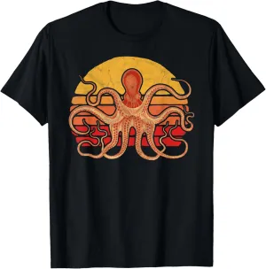Retro Octopus & 80's Sun Artistic Vintage Minimalist Graphic T-Shirt