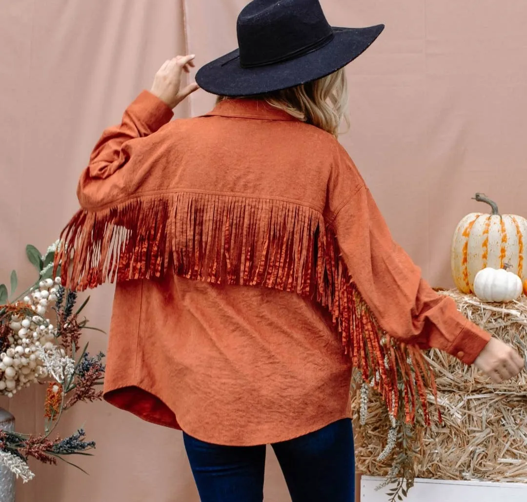 Rust fringe back button down jacket
