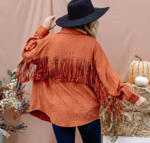 Rust fringe back button down jacket