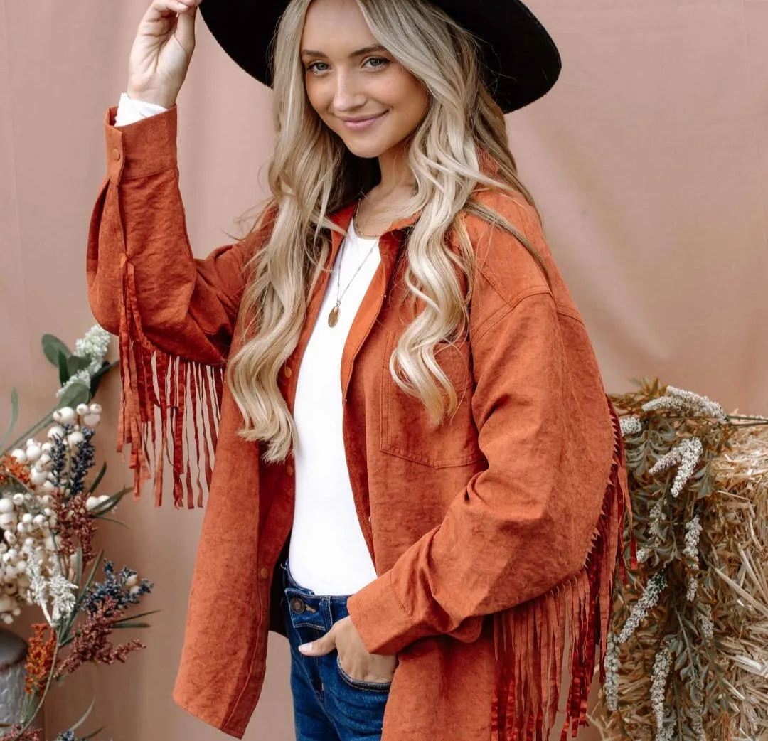 Rust fringe back button down jacket
