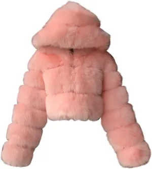 SACFOF Women's Winter Warm Jacket Faux Fur Hooded Jacket Long Sleeve Sexy Short Coat Winter Cropped Shearling Furry Overcoat