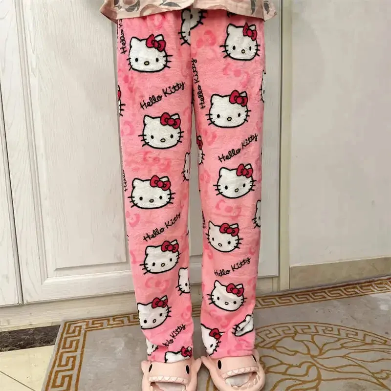 Sanrio Hello Kitty Kawaii Fleece Pajama Pants – Soft Coral Velvet Lounge Trousers for Women, Cozy Cartoon Sleepwear, Cute Anime Homewear, Birthday Gift