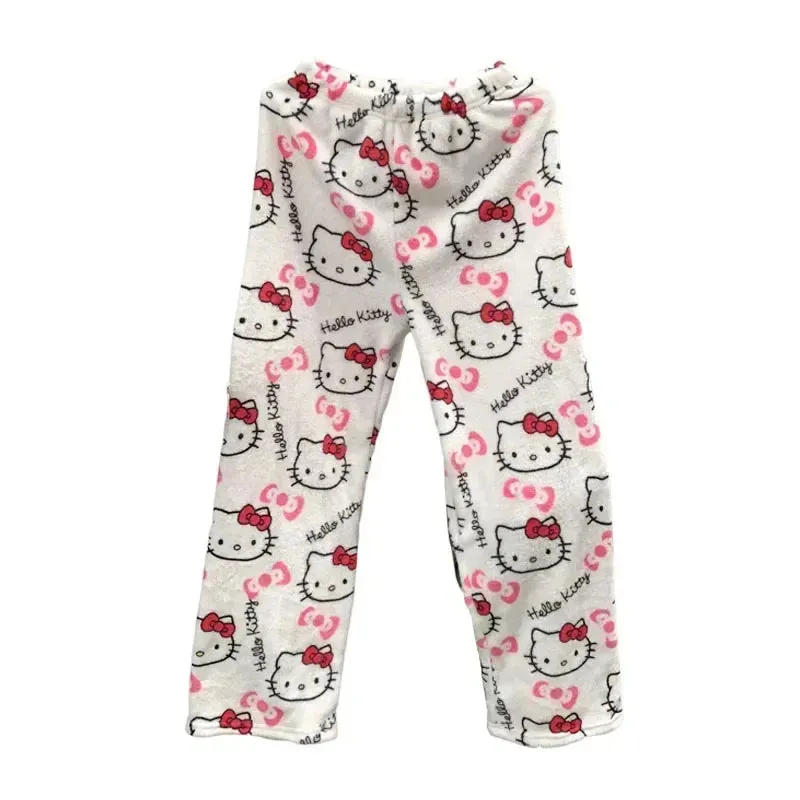 Sanrio Hello Kitty Kawaii Fleece Pajama Pants – Soft Coral Velvet Lounge Trousers for Women, Cozy Cartoon Sleepwear, Cute Anime Homewear, Birthday Gift