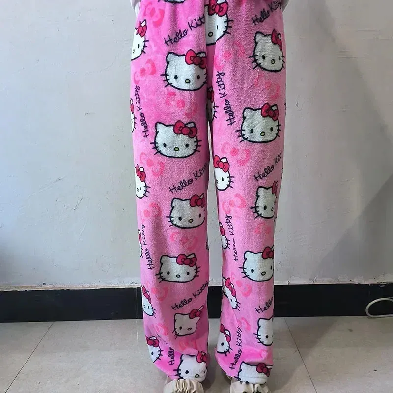 Sanrio Hello Kitty Kawaii Fleece Pajama Pants – Soft Coral Velvet Lounge Trousers for Women, Cozy Cartoon Sleepwear, Cute Anime Homewear, Birthday Gift