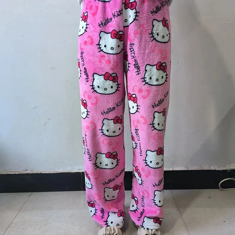 Sanrio Hello Kitty Kawaii Fleece Pajama Pants – Soft Coral Velvet Lounge Trousers for Women, Cozy Cartoon Sleepwear, Cute Anime Homewear, Birthday Gift