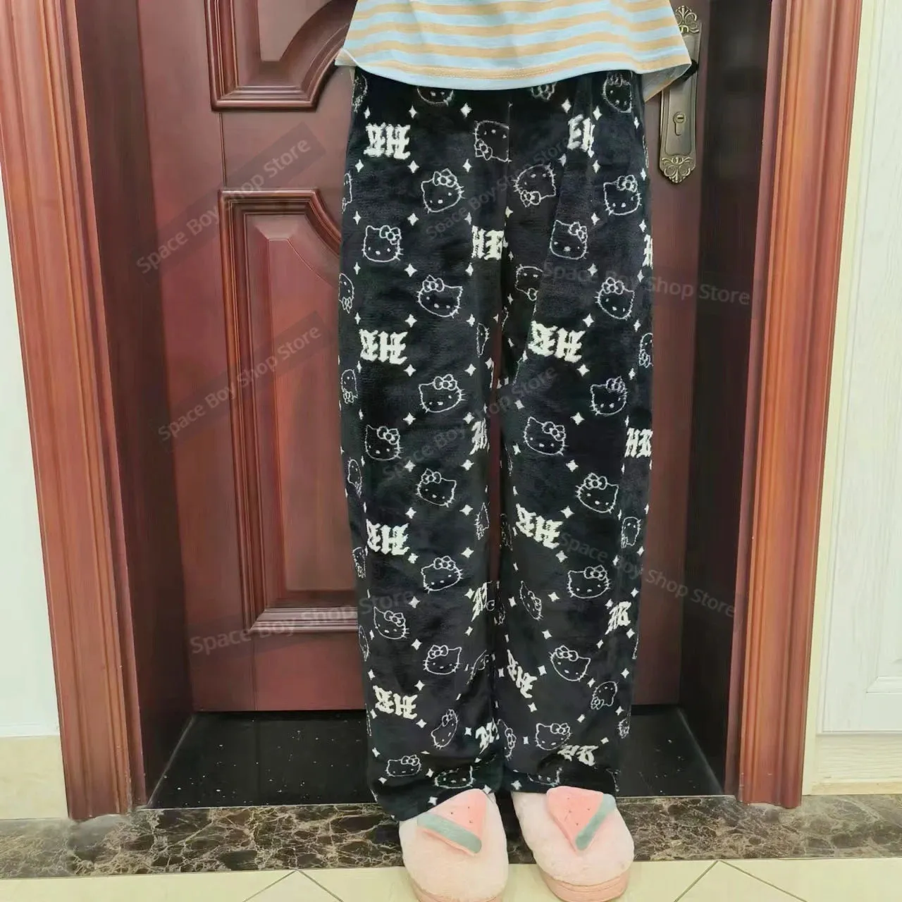 Sanrio Hello Kitty Kawaii Fleece Pajama Pants – Soft Coral Velvet Lounge Trousers for Women, Cozy Cartoon Sleepwear, Cute Anime Homewear, Birthday Gift