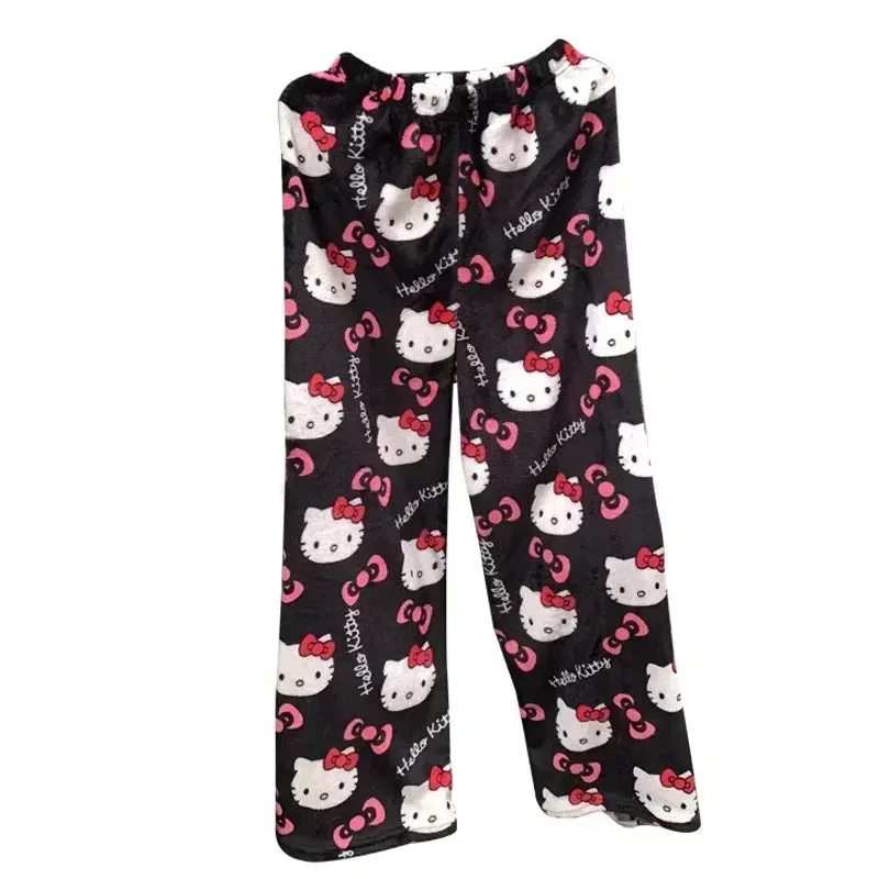 Sanrio Hello Kitty Kawaii Fleece Pajama Pants – Soft Coral Velvet Lounge Trousers for Women, Cozy Cartoon Sleepwear, Cute Anime Homewear, Birthday Gift