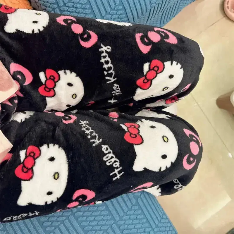 Sanrio Hello Kitty Kawaii Fleece Pajama Pants – Soft Coral Velvet Lounge Trousers for Women, Cozy Cartoon Sleepwear, Cute Anime Homewear, Birthday Gift