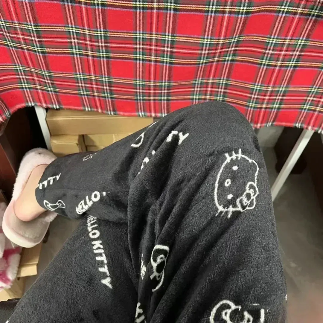 Sanrio Hello Kitty Kawaii Fleece Pajama Pants – Soft Coral Velvet Lounge Trousers for Women, Cozy Cartoon Sleepwear, Cute Anime Homewear, Birthday Gift