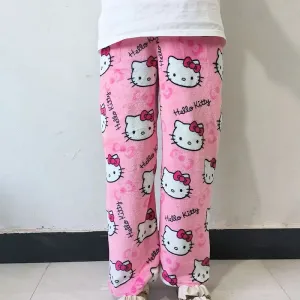 Sanrio Hello Kitty Kawaii Fleece Pajama Pants – Soft Coral Velvet Lounge Trousers for Women, Cozy Cartoon Sleepwear, Cute Anime Homewear, Birthday Gift