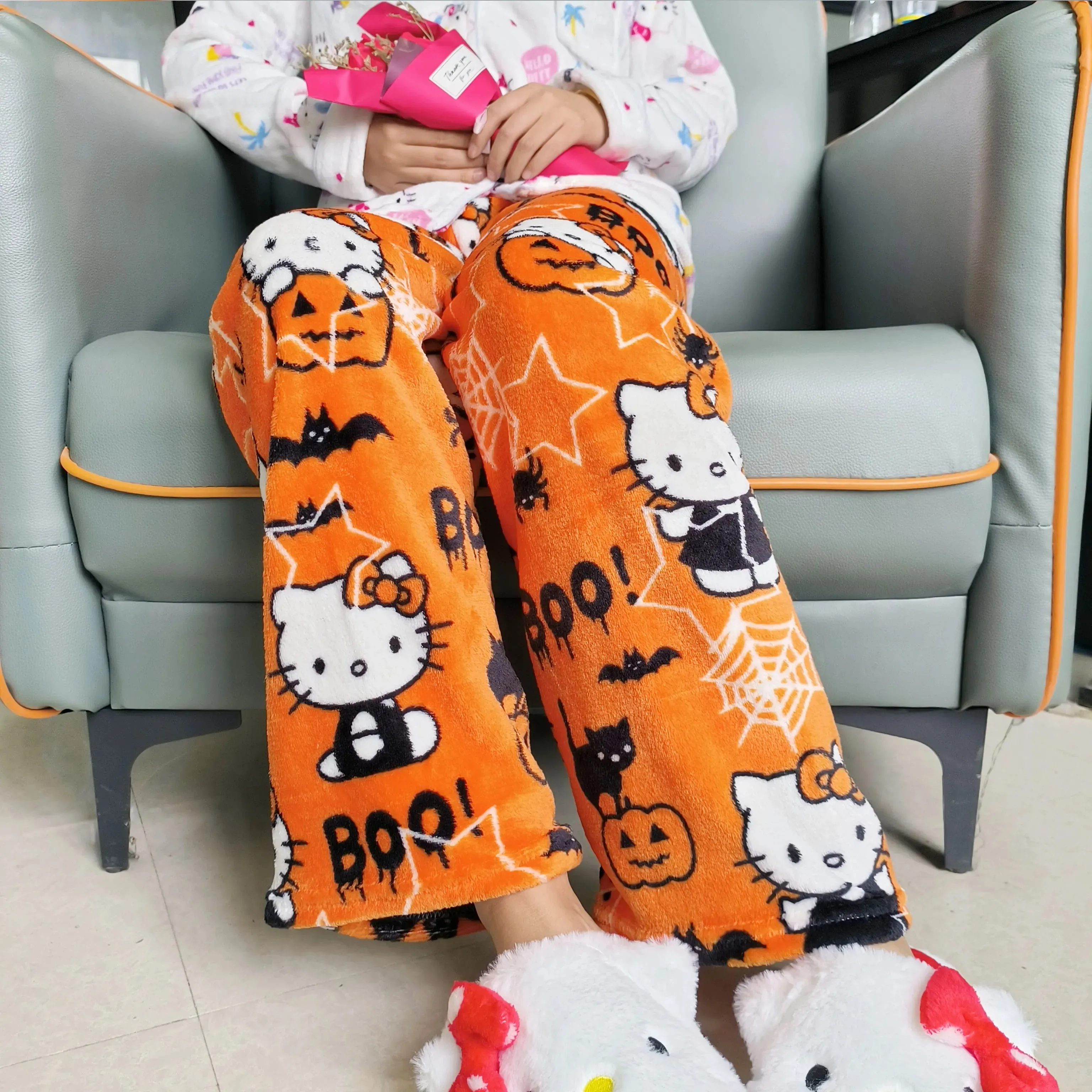 Sanrio Hello Kitty Kawaii Fleece Pajama Pants – Soft Coral Velvet Lounge Trousers for Women, Cozy Cartoon Sleepwear, Cute Anime Homewear, Birthday Gift